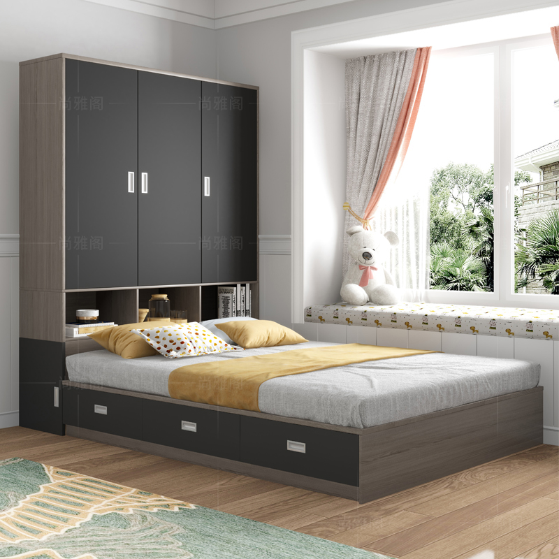 榻榻米床衣柜一体带书桌小户型卧室家用套装组合实木多功能储物床