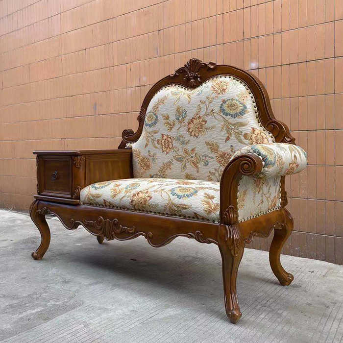 欧式贵妃椅美式乡村家具实木卧室沙发椅布艺休闲躺椅客厅电话椅子