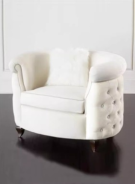 美式简约布艺拉扣沙发圆形单人接待休闲椅弧形客厅卧室书房懒人椅