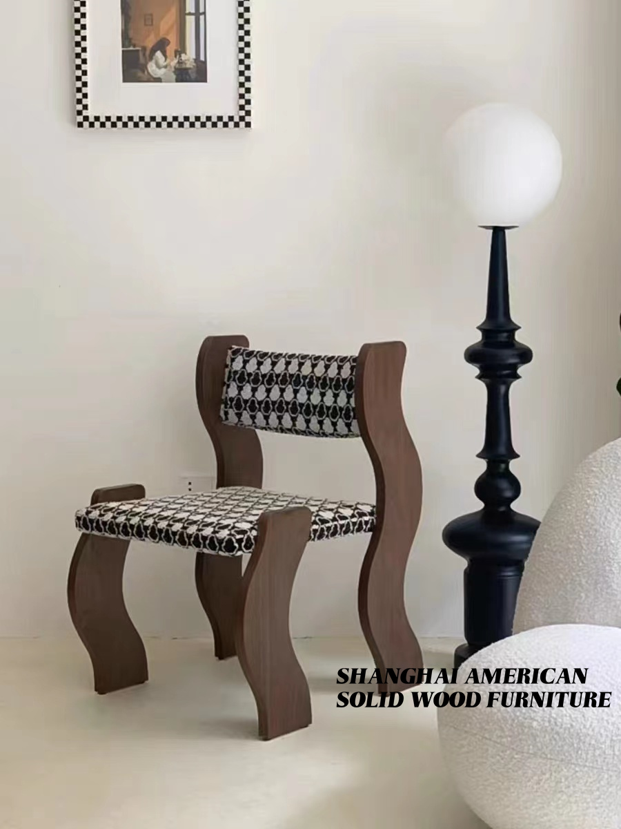 中古实木餐椅侘寂风个性椅子复古异形波浪椅靠背休闲椅卧室梳妆椅