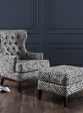 美式实木老虎椅斑马纹布艺客厅卧室复古高靠背休闲单人舒适沙发椅