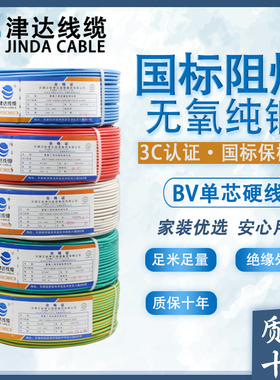 津达BV电线 国标纯铜2.5/4/6平方单芯硬线家装电线家用阻燃铜线缆