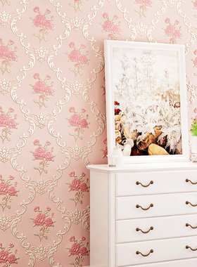 墙纸自粘3d立体美式田园美容院大花壁纸家装婚房卧室粉色装饰贴纸