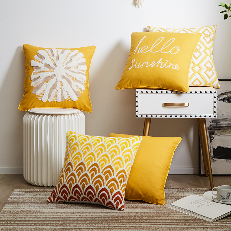 美式刺绣沙发抱枕靠垫黄色全棉客厅抱枕套45x45新家装饰床头靠枕