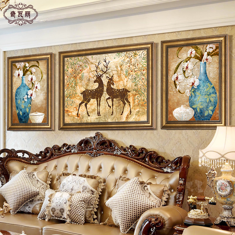 家装壁画欧式客厅装饰画沙发背景墙挂画简欧大气三联油画轻奢美式
