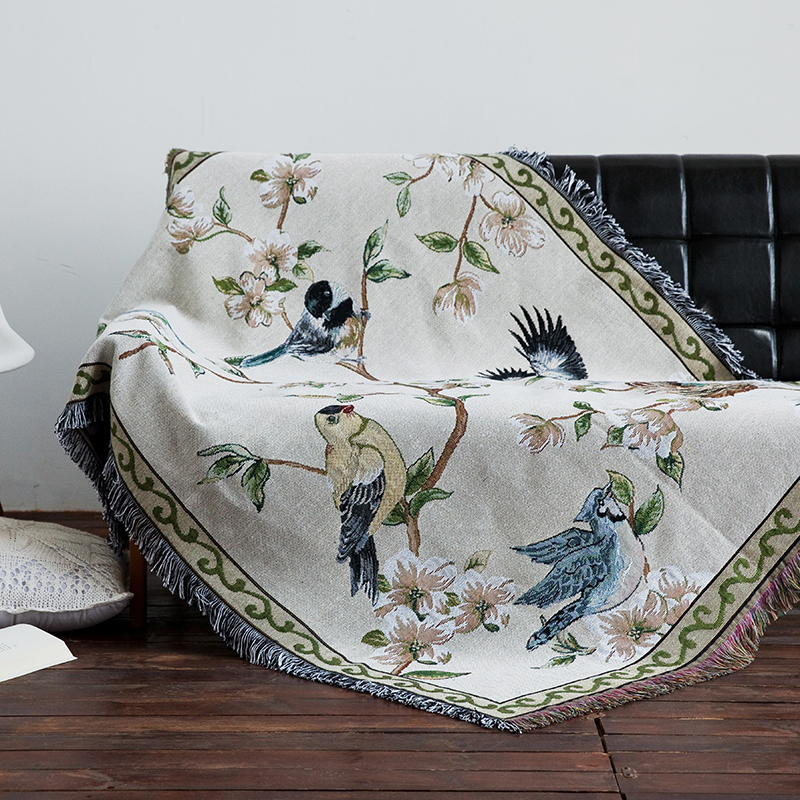 美式乡村沙发毯纯棉垫巾花鸟休闲多功能盖毯卧室披毯居家装饰桌布