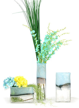 欧式美式蓝色方形创意玻璃花瓶居家装饰摆件客厅富贵竹干花样板间
