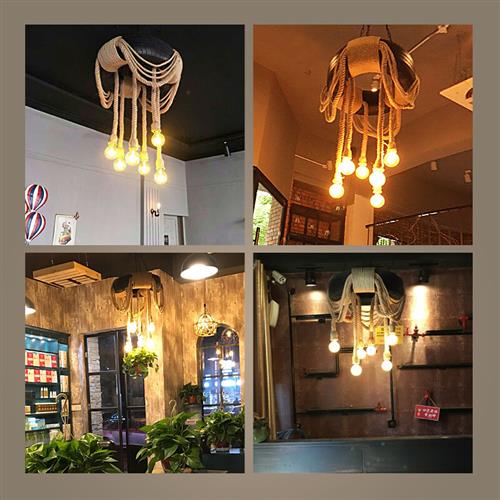 新吧台美式工业风个性艺术创意麻绳咖啡厅灯具 家装餐厅包厢装饰