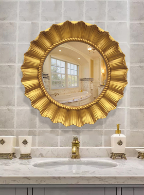 欧式古典浴室镜子美式壁挂卫浴镜圆形装饰镜卫生间洗漱台防水镜子