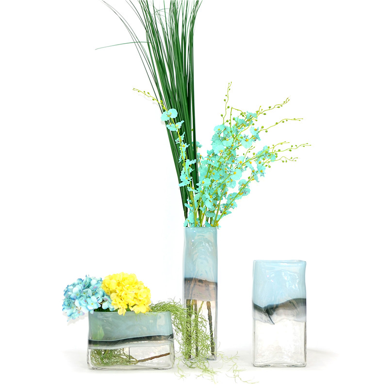 欧式美式蓝色方形创意玻璃花瓶居家装饰摆件客厅富贵竹干花样板间