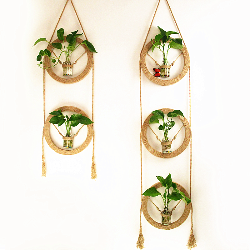ins风花瓶创意壁挂麻绳工艺框水培绿萝玻璃花插家居墙面装饰吊件