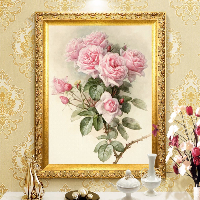 包邮十字钻石绣满钻欧美粉色玫瑰花卉客厅办公室休闲场墙面装饰画