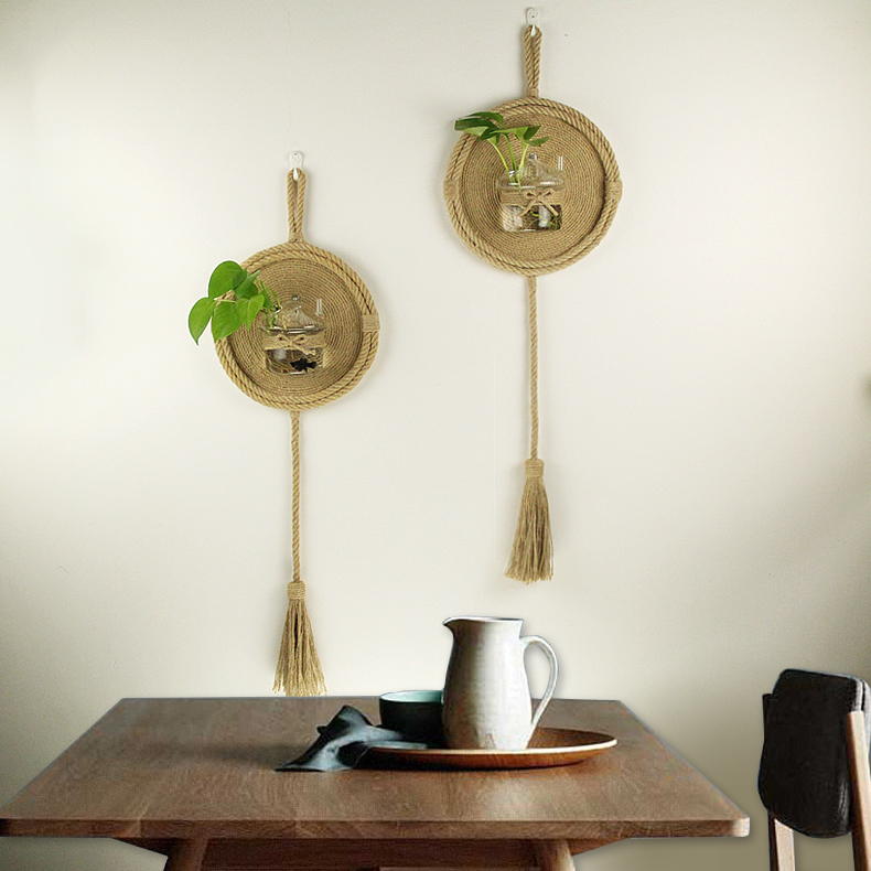 创意复古田园家装水培植物花瓶圆形麻绳框工艺画壁挂墙面装饰吊件