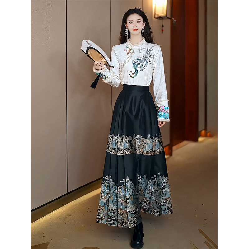 芙娜妮新中式马面裙套装秋冬季保暖明制汉服中国风两件套F2333593