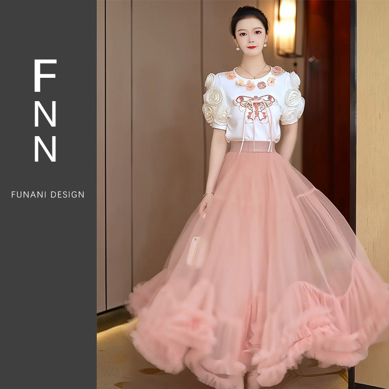 芙娜妮短袖T恤设计感纱裙不规则时尚新中式元素两件套女F2411776