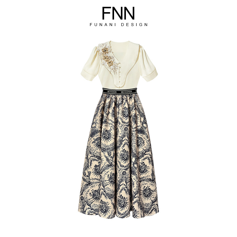 芙娜妮新中式重工钉珠提花中袖衬衣女高级感半身裙两件套F2411092