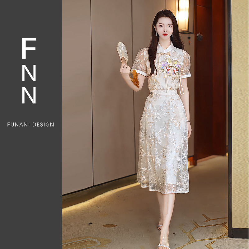 芙娜妮新中式国风刺绣半身裙女2024年夏季新款两件套裙装F2411599