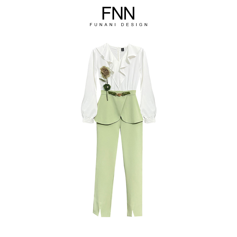 芙娜妮设计感拼色重工提花春季上衣女宽松直筒长裤两件套F2410370