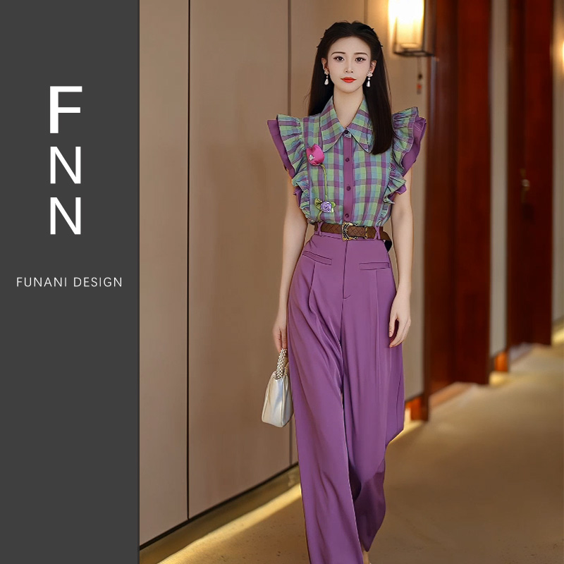 芙娜妮新中式紫色宽松长裤两件套女2024年夏季港风薄套装F2412047