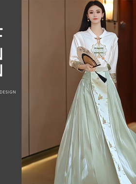 芙娜妮新中式国潮刺绣长袖上衣气质时尚收腰马面裙两件套F2410843
