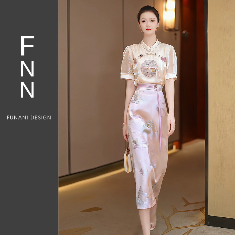 芙娜妮新中式重工刺绣套装2024年夏季新款国风裙装两件套F2411150