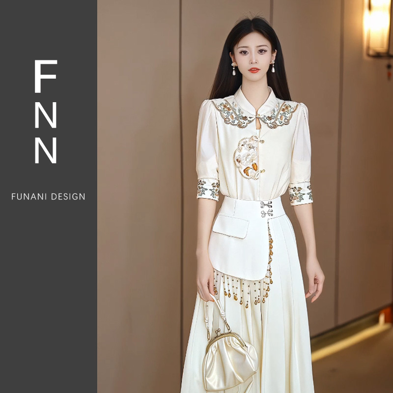 芙娜妮流苏新中式刺绣圆领不规则设计感小众时尚女两件套F2411554