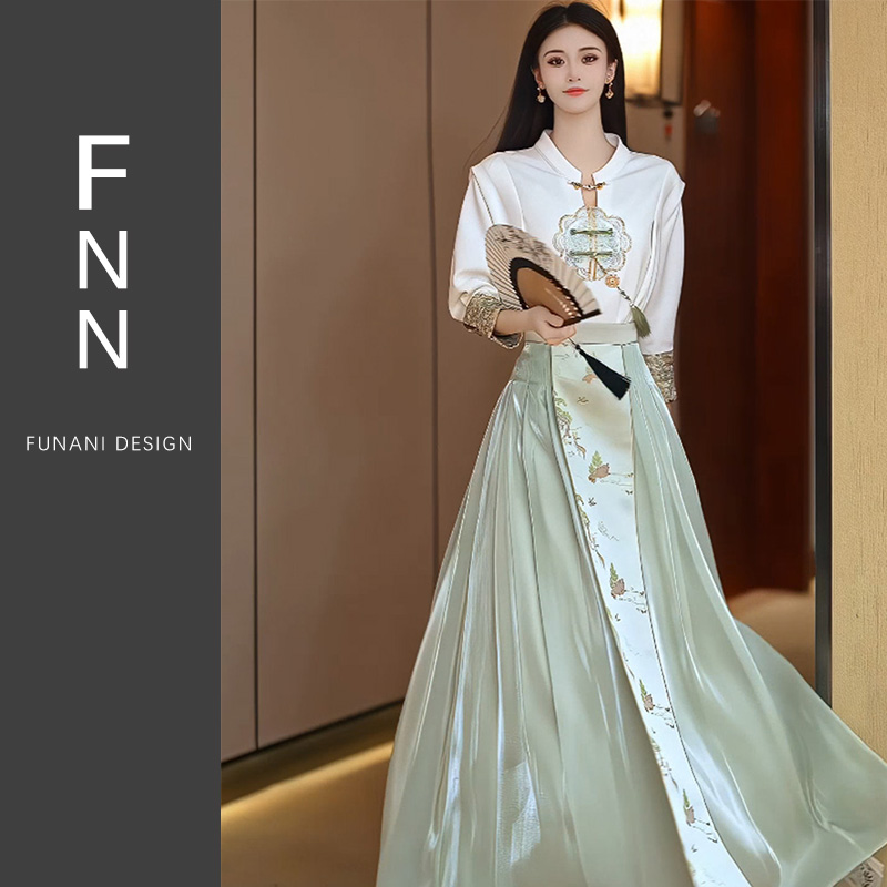 芙娜妮新中式国潮刺绣长袖上衣气质时尚收腰马面裙两件套F2410843