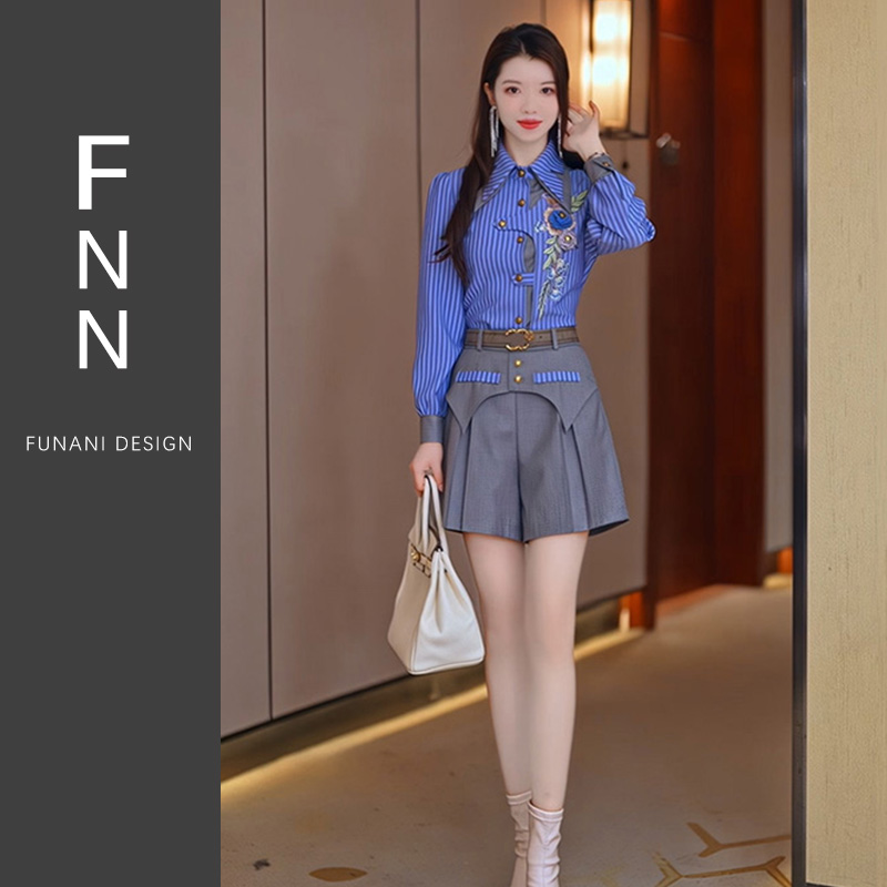 芙娜妮法式刺绣裙裤设计感衬衫长袖扣式显瘦小个子两件套F2410172