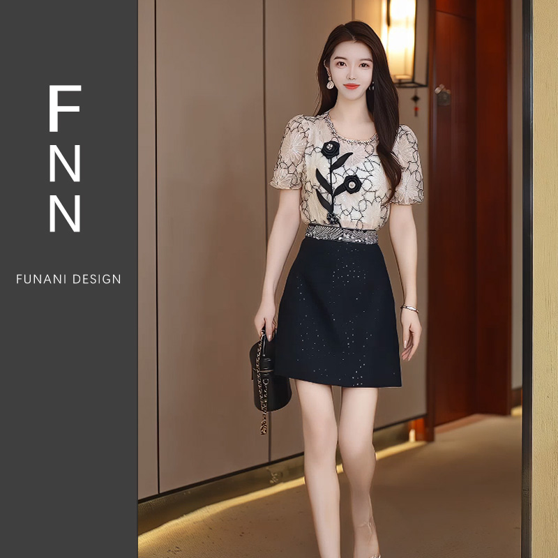 芙娜妮新中式套装A字裙女2024年夏季新款珍珠刺绣两件套F2411514