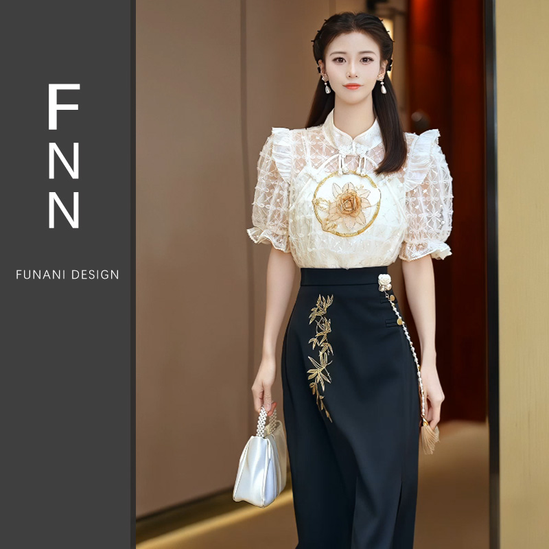芙娜妮如意新中式黑色半身裙时尚透气高级感春夏女两件套F2411744