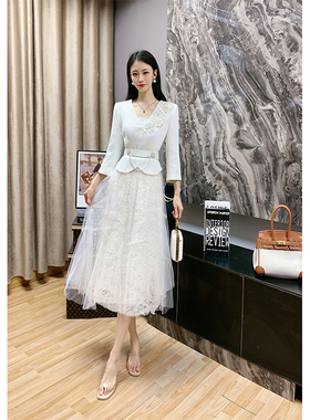 芙娜妮法式西装通勤连衣裙2024白色网纱裙半身裙两件套女F2310711
