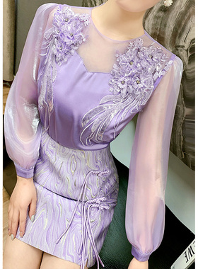 芙娜妮春季新款紫色气质套装短裙高级感复古名媛套装女F2311393B