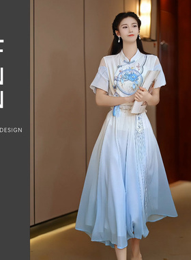 芙娜妮新中式国风重工刺绣渐变长裙套装2024年夏季两件套F2411837