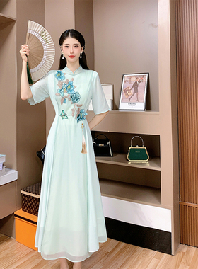 芙娜妮新中式国风刺绣立领夏季连衣裙女气质名媛收腰显瘦K2322643