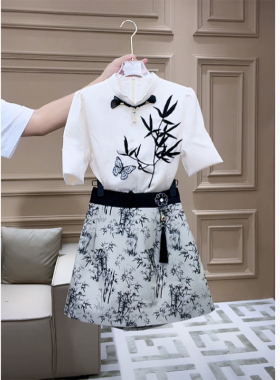 芙娜妮水墨竹子时尚设计感小众新中式衬衫短袖短裙两件套F2411146