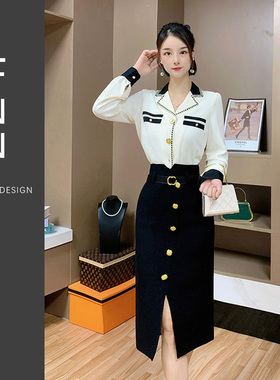 芙娜妮法式设计感长袖黑白时尚小香风收腰显瘦2024两件套F2330707
