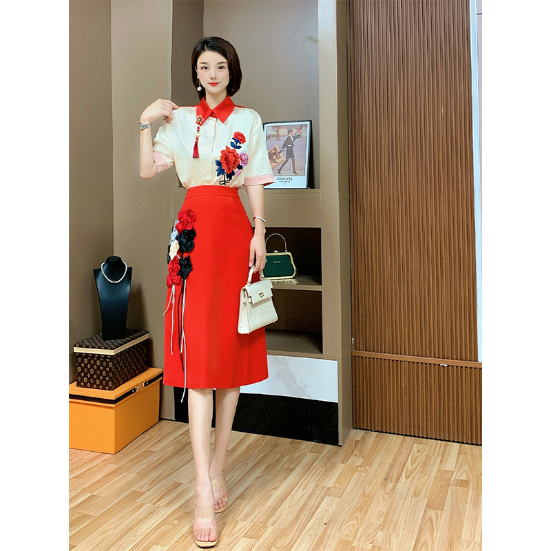 芙娜妮新中式设计感小众中国红2024夏季连衣裙中袖两件套F2320615