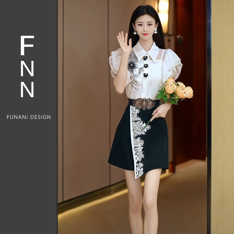 芙娜妮新中式重工刺绣A字裙女套装2024年夏季薄款两件套F2411590