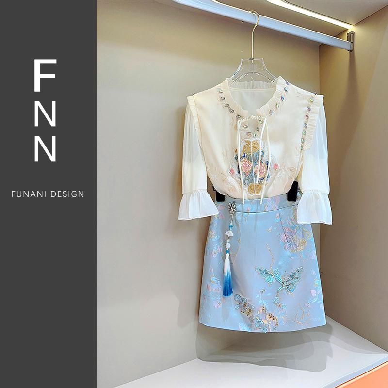 芙娜妮新中式国风刺绣两件套短裙2024年夏季新款时尚套装F2411549