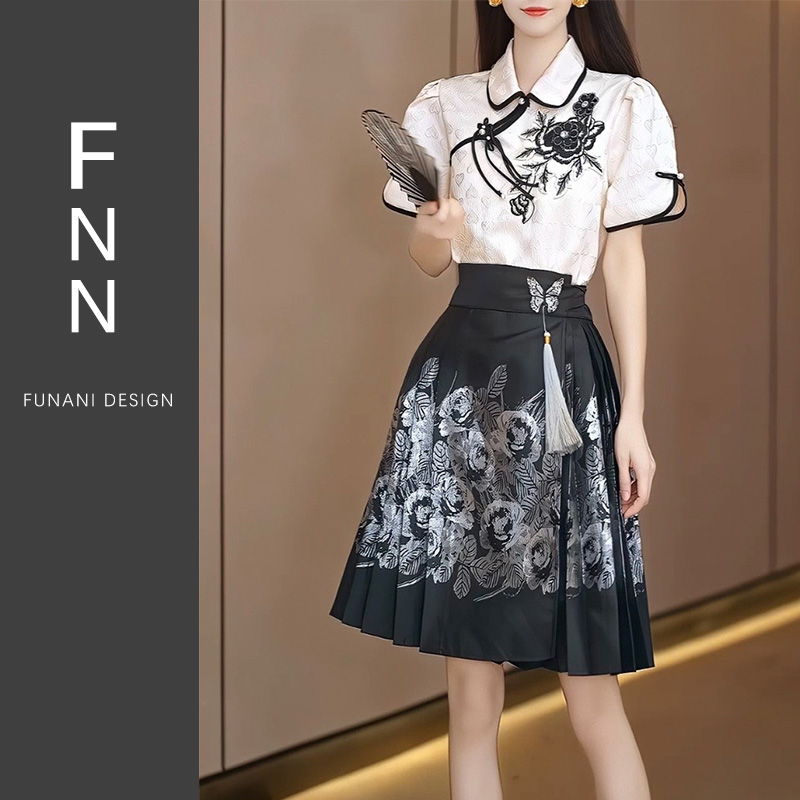 芙娜妮新中式两件套裙装女2024年夏季新款重工刺绣马面裙F2411170