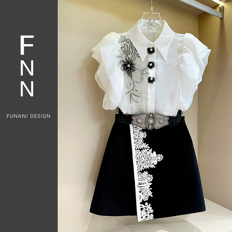 芙娜妮新中式重工刺绣A字裙女套装2024年夏季薄款两件套F2411590