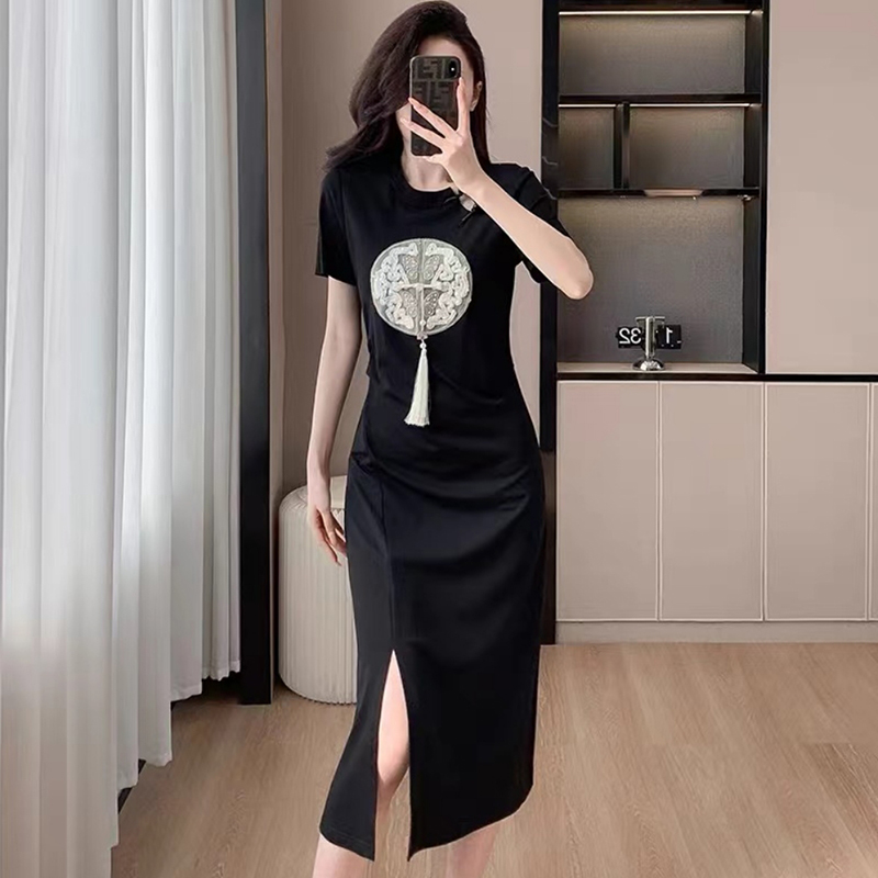 芙娜妮黑色收腰开叉高腰设计感小众显瘦小个子连衣裙时尚S2410041