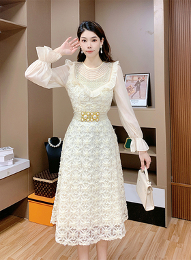 芙娜妮法式设计感小众圆领时尚收腰连衣裙2024气质中长裙F2331498