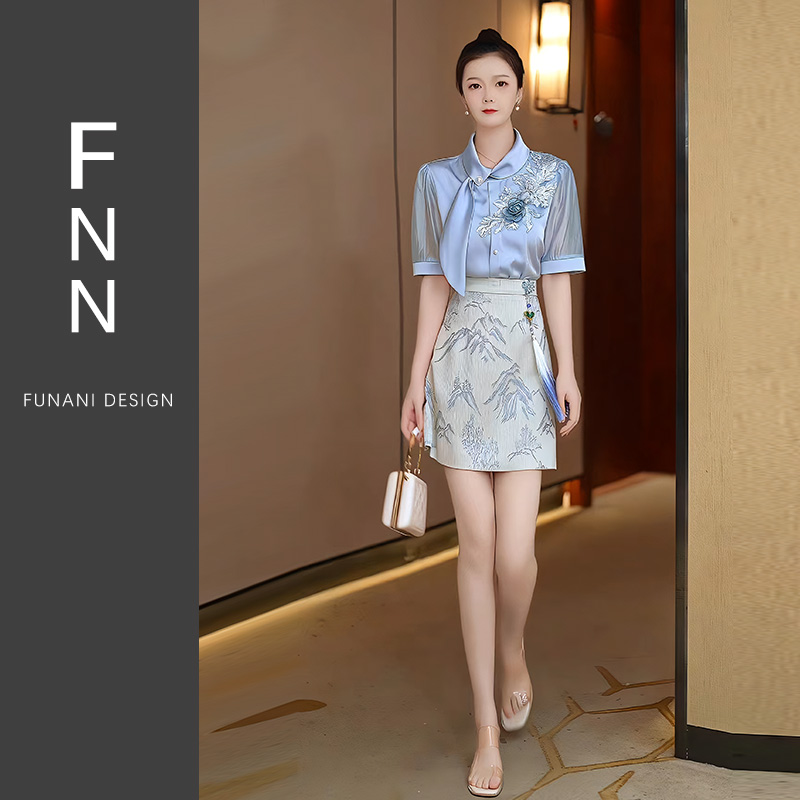 芙娜妮新中式两件套2024年夏季新款时尚刺绣小个子套装裙F2411435