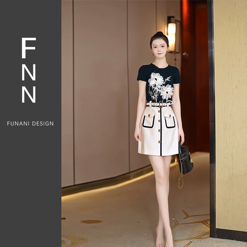 芙娜妮法式黑白提花短袖T恤女夏季设计感明线短裙两件套F2413040