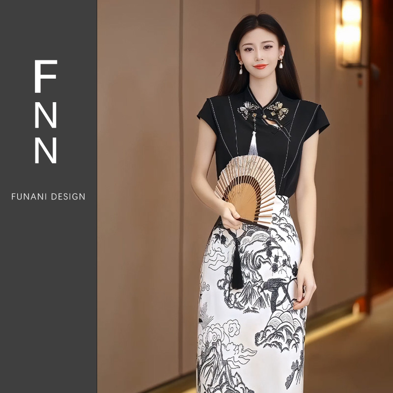 芙娜妮时尚设计感新中式流苏水墨国风小个子半身裙两件套F2411504