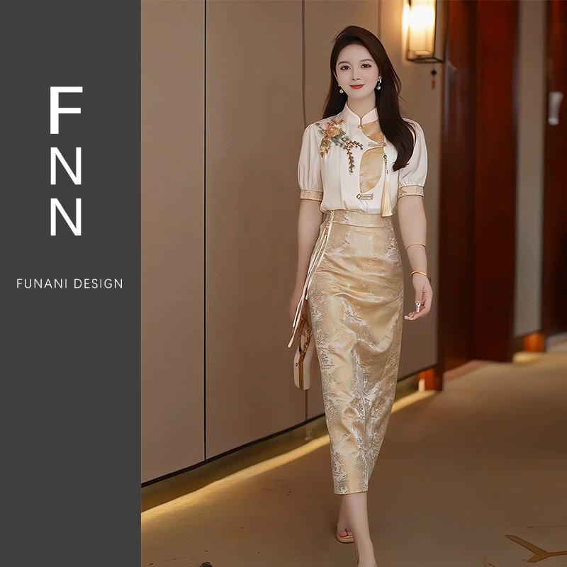 芙娜妮设计感小众收腰新中式国风裙装小个子春夏两件套女F2411142