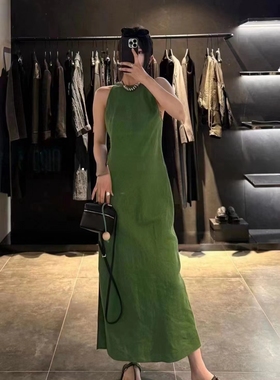 24春夏新款度假风斜纹亚麻修身连衣裙纯色无袖经典脖式绿色连衣裙