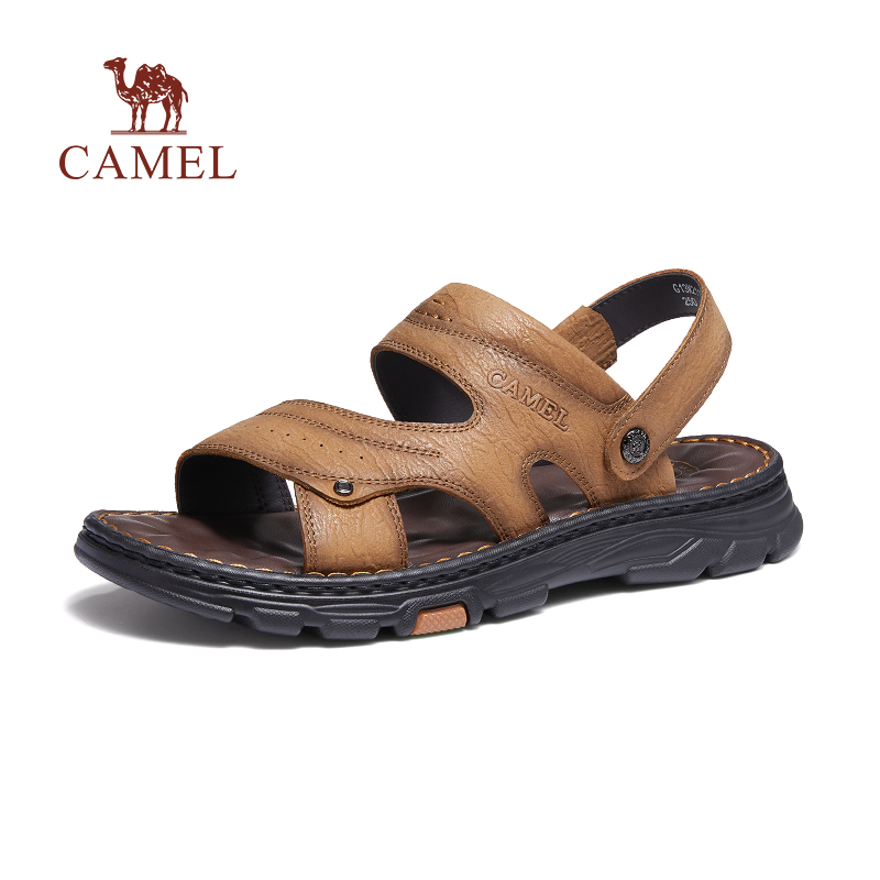 骆驼2024夏季牛皮耐磨防滑舒适透气中年爸爸两穿凉鞋男士沙滩鞋