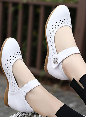 春夏季护士鞋白色真皮坡跟单鞋内增高小白鞋牛筋软底浅口镂空女鞋
